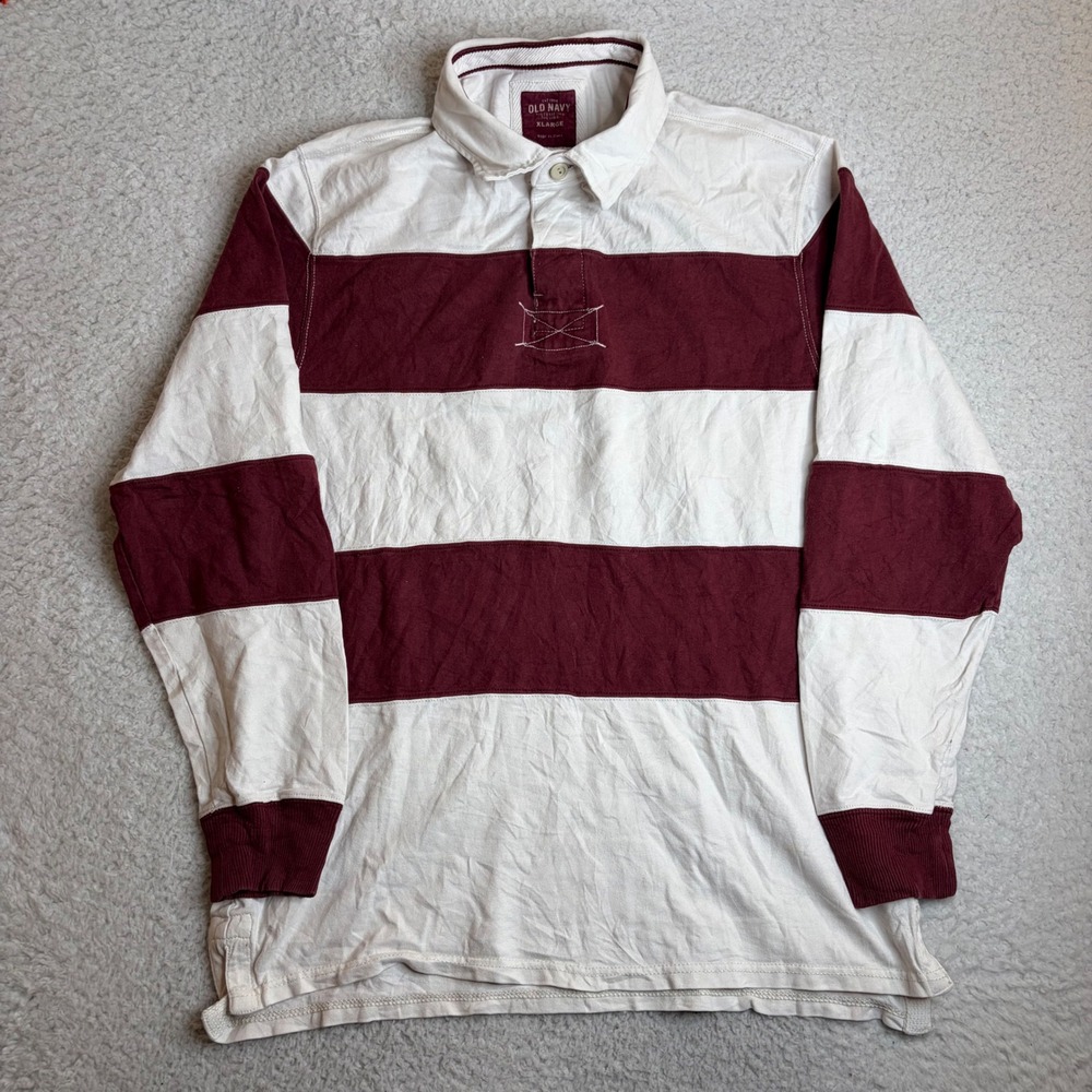 Y2K Old Navy Mens XL Rugby Shirt Long Sleeve Striped Burgundy Cream Cotton